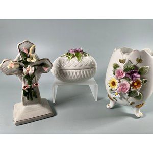 Easter Set of 3: Lefton Porcelain Egg Cup,  Easter Egg Trinket Box, Easter Cross